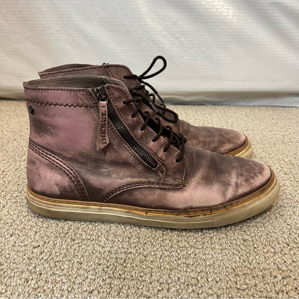Diesel Mid Distressed Leather Boots Shoes Men’s Size 45 US 12 Side Zip Lace Up,